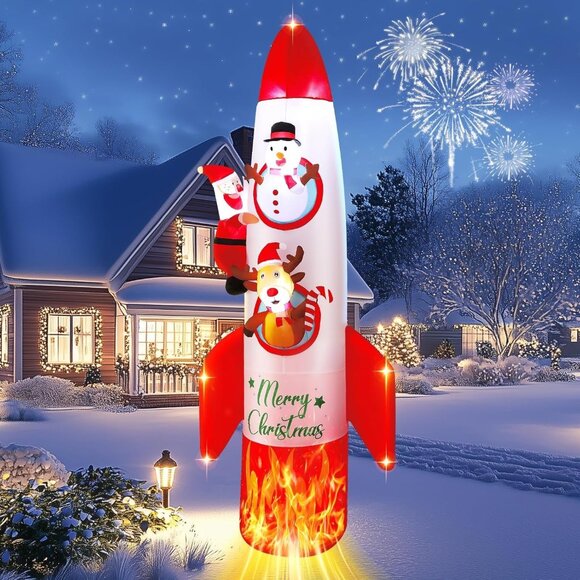 ⚡8FT Christmas Inflatable Rocket LED Light Santa & Snowman Outdoor Decorations - Picture 1 of 8
